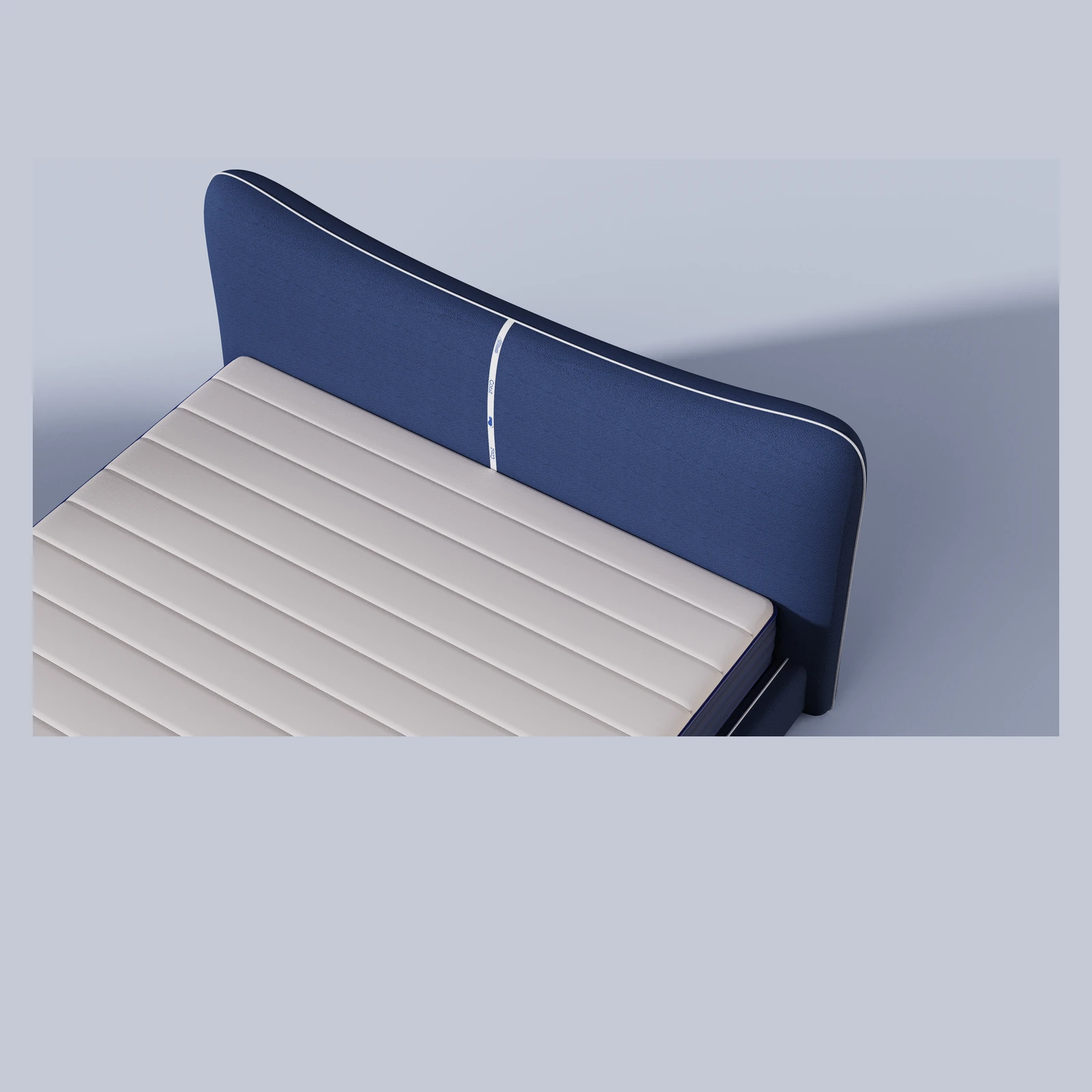 蓝色瞌睡猫软床床头曲线与面料细节 / Blue Catzz headboard curve and upholstery detail