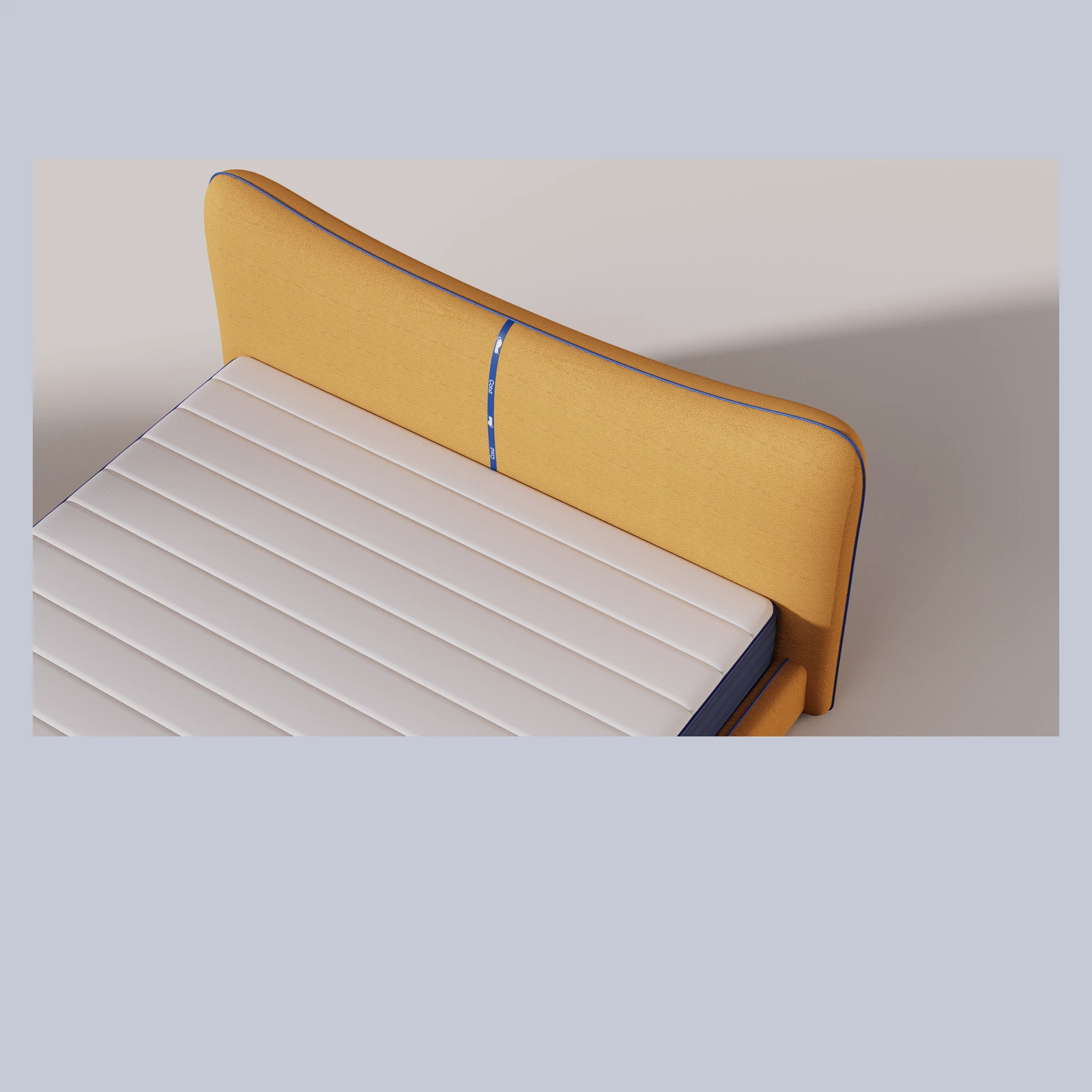 黄色瞌睡猫软床床头曲线与面料细节 / Yellow Catzz headboard curve and upholstery detail