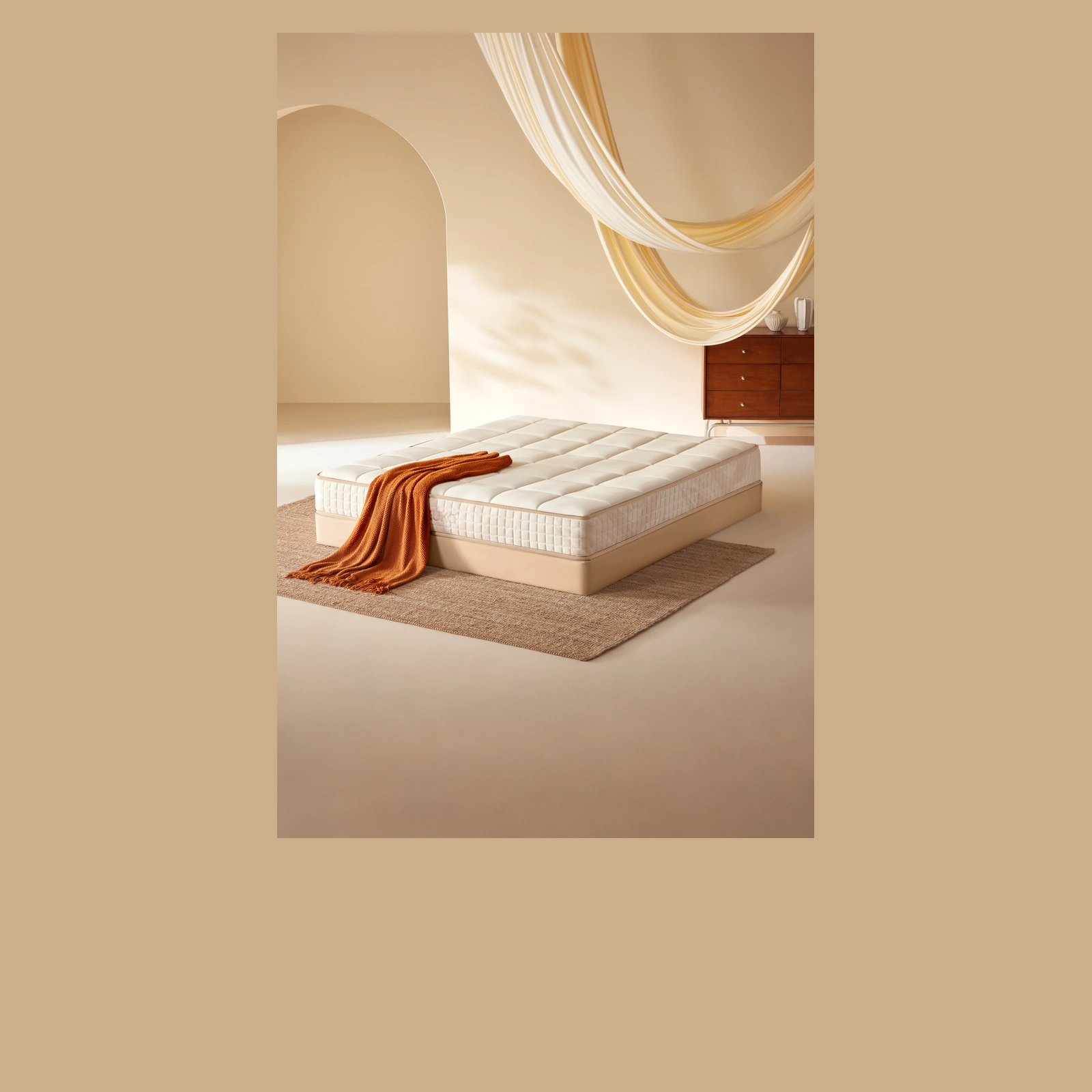 搭配橙色盖毯的一号垫卧室陈列 / No.1 mattress bedroom display with an orange throw